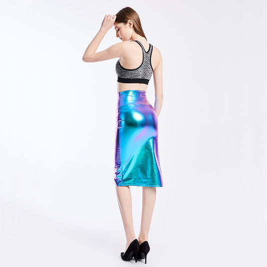 Metallic Coated Fabric Coated Fabric Hip Skirt All Match Tutu Split Mid Skirt Sexy One Step Skirt Summer