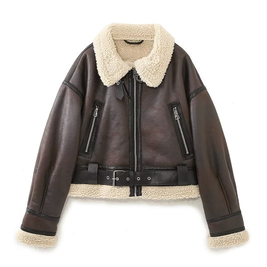 Autumn Winter Loose Thickening Keep Warm Faux Shearling Jacket Locomotive Double Sided Short Jacket