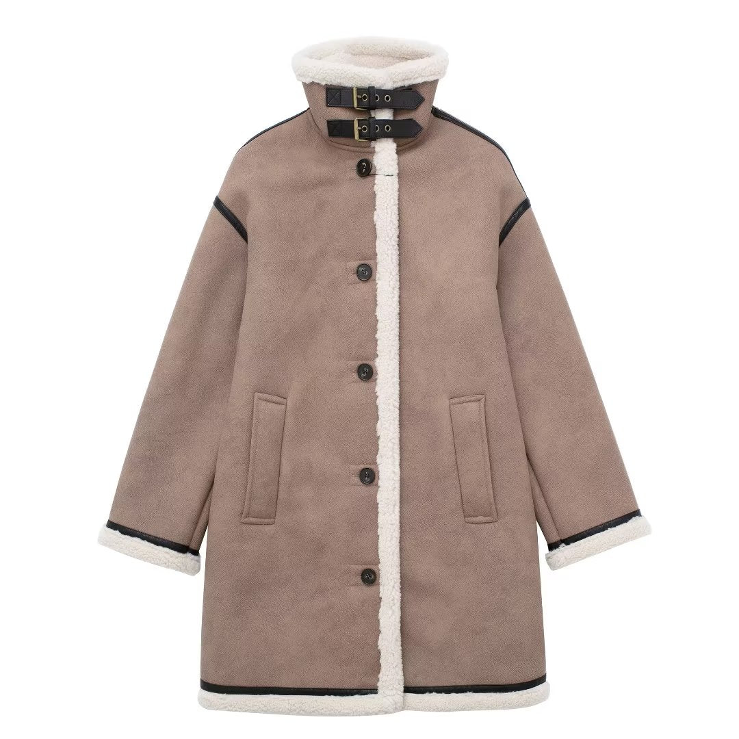 Retro Double Sided Fleece Collared Coat Autumn Winter Loose Padded Coat Long Decorated Row Button Casual Women Clothing