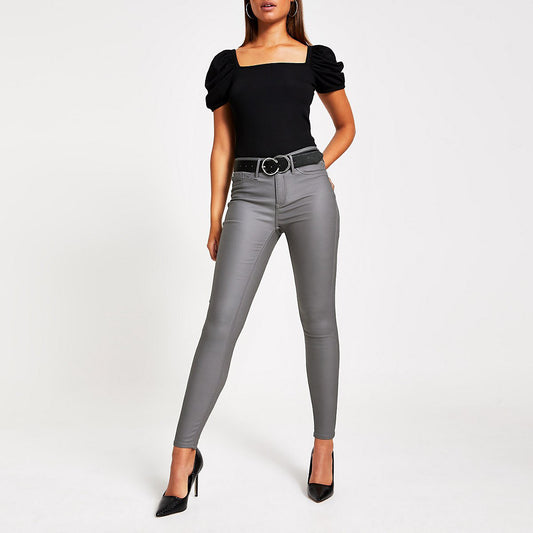 Women Clothing High Waist Slim Stretch Coated Noble Gray Faux Leather Pants Denim Skinny Pants Faux Leather Pocket Motorcycle