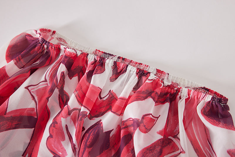 Printed Loose Long Sleeved Chiffon Top High Waist Large Swing Skirt Fashion Two Piece Set
