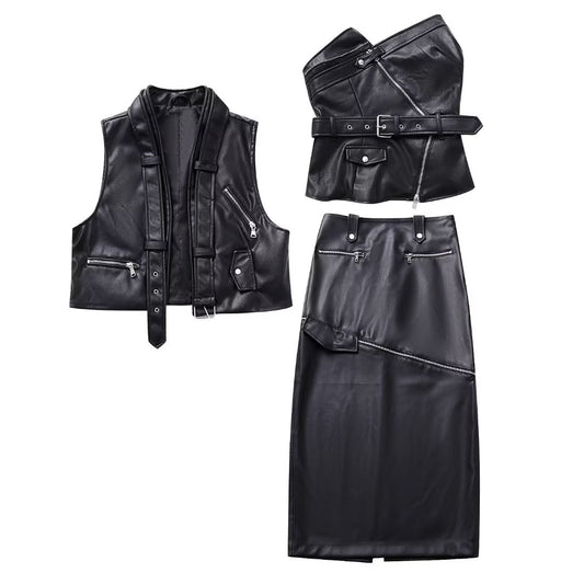 Fall Women Clothing Faux Leather Skirt Three Piece Set