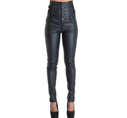 Women Clothing High Waist Breasted Lace up Decorative Coating Faux Leather Pants Stretch Denim Skinny Pants Faux Leather