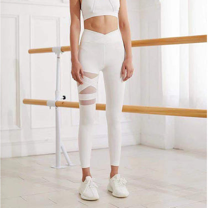 Mesh Stitching Criss Cross Respirant Stretch Pêche Hip Lifting Sport Running Fitness Yoga Pantalon pour Femme