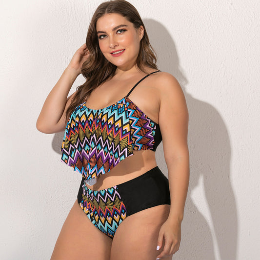 Plus Size Woman Split Rhombus Stripe Swimsuit Mixed Batch