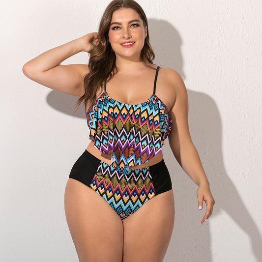 Plus Size Woman Split Rhombus Stripe Swimsuit Mixed Batch