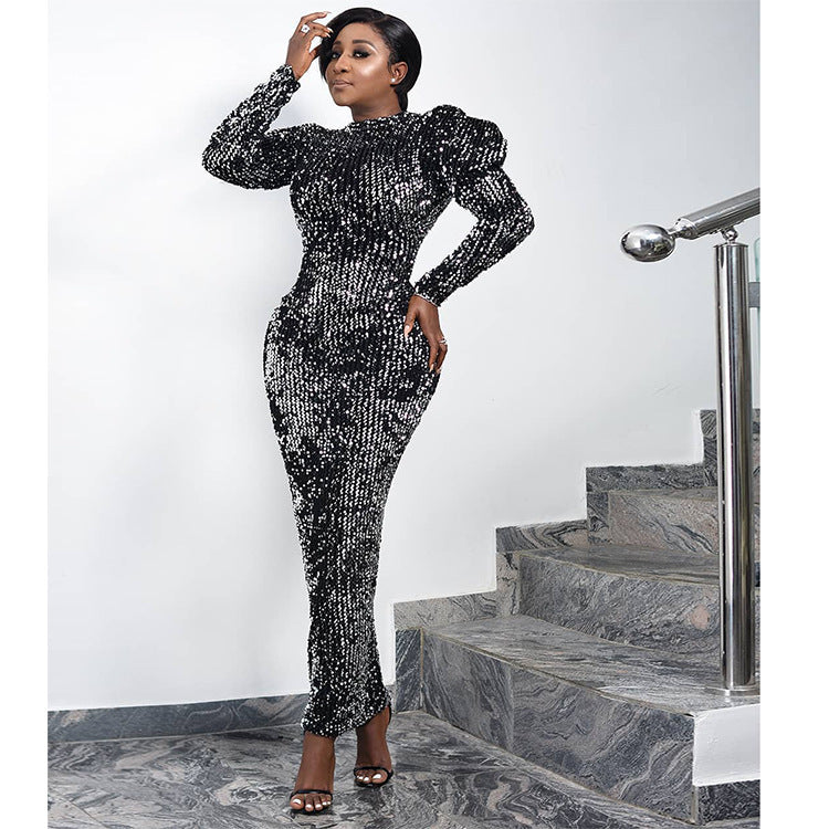 Plus Size Women Wear Dress Flannel Sequined Fabric Stage Costume Bubble Long Sleeve Dress Formal Gown