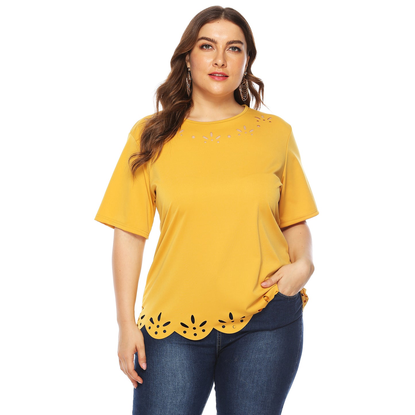 Plus Size Plus Size Women round Neck Short Sleeved Casual T-shirt Hollow out Burnt-out Solid Color Casual Top Female