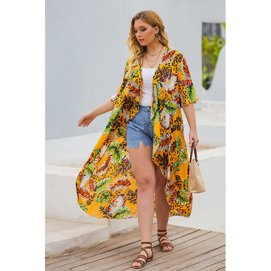 Plus Size Trendy Coat Women Spring Summer  Women Lace-up Waist-Tight Long Floral Print Trench Coat