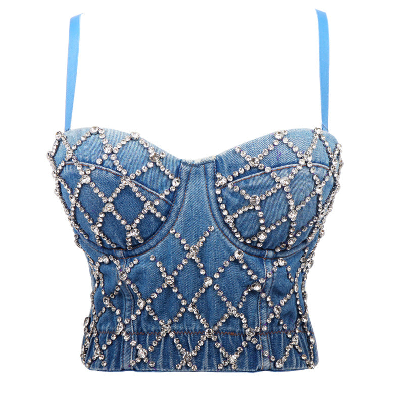 Denim Beaded Tube Top Body Shaping Performance Wear Summer New Short Cropped Baring Camisole Women Dancing