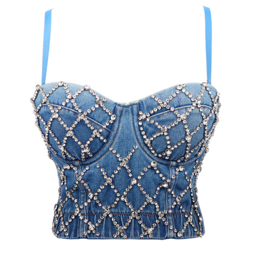 Denim Beaded Tube Top Body Shaping Performance Wear Summer New Short Cropped Baring Camisole Women Dancing