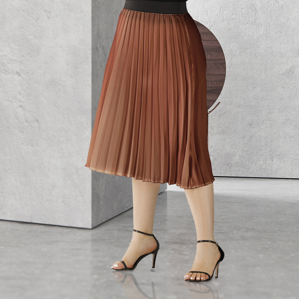 Plus Size Summer  Women Clothing Pleated Solid Color Mid Length Skirt A Line Skirt