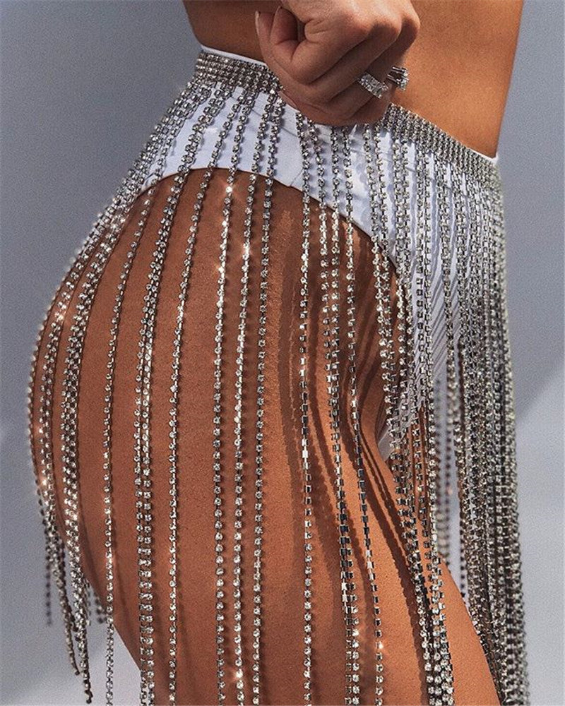 Criss Cross Mirror Nightclub Women Shiny Rhinestone Sexy Tassel Chain Stage Skirt