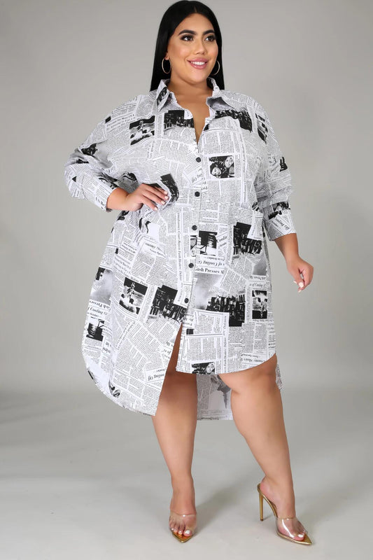 Plus Size Women Clothing Woman Collared Newspaper Printing Irregular Asymmetric Women Shirt Dress