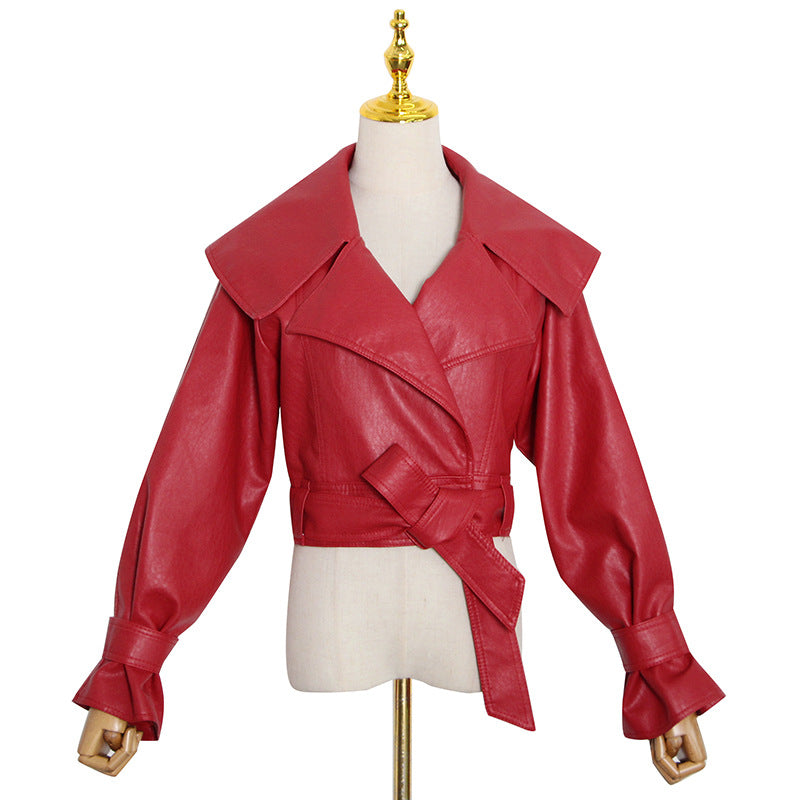 Elegant Collared Lace Up Waist Solid Color Faux Leather Motorcycle Jacket Women