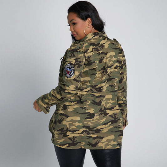 Plus Size Rivet Stickers Multi-Bag Drawstring Cool Camouflage Workwear Casual  Jacket  Women Coat