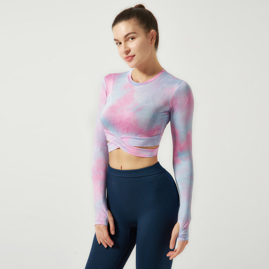 Yoga Clothes Round Neck Sports Top Long Sleeve Tie-Dyed cropped Running Workout T shirt