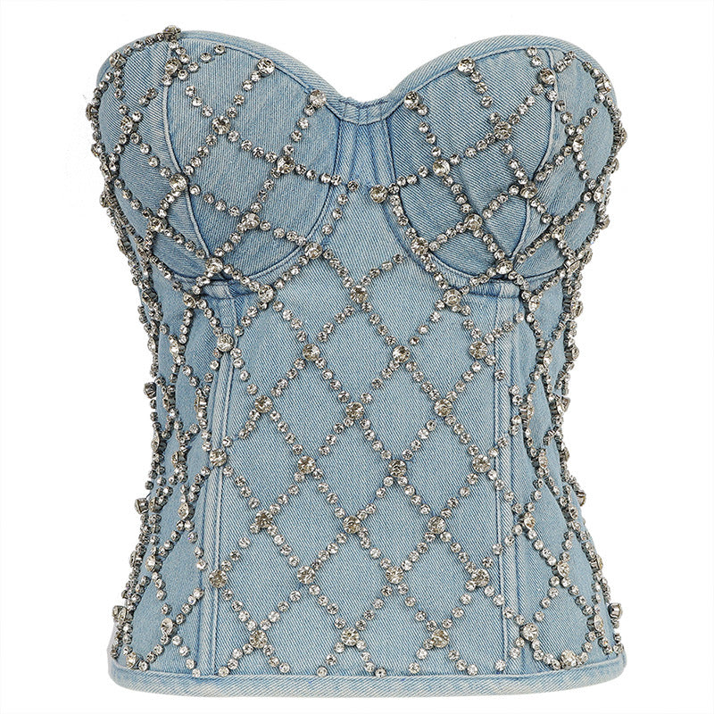 Diamond Beaded Denim Tube Top Strapless Vest Lace up Shaping Slim Fit Performance Wear Zipper Top for Women
