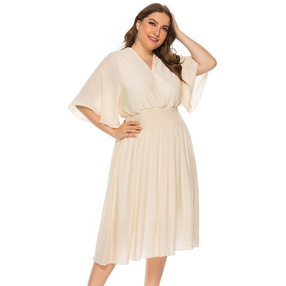 Plus Size Summer Women Clothing Solid Color V-neck Waist-Controlled Flying Sleeves Dress