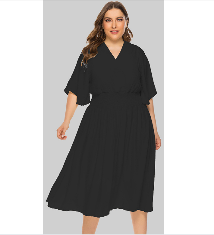 Plus Size Summer Women Clothing Solid Color V-neck Waist-Controlled Flying Sleeves Dress
