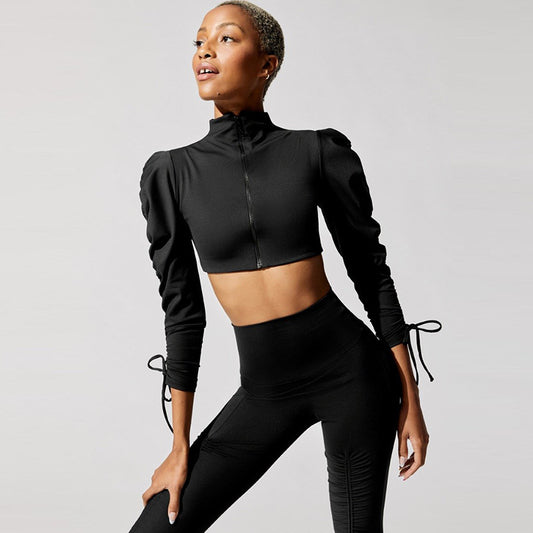 Yoga Suit Women Top Bubble Long Sleeve Zipper Coat Sports Pants Fitness Suit