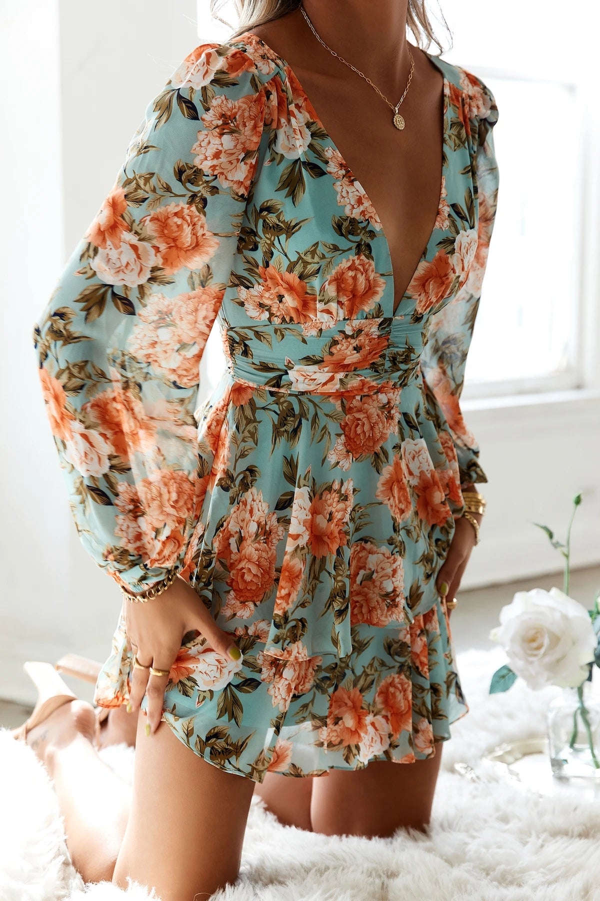Early Spring New Printed Long-Sleeved Dress V-neck Sexy Short