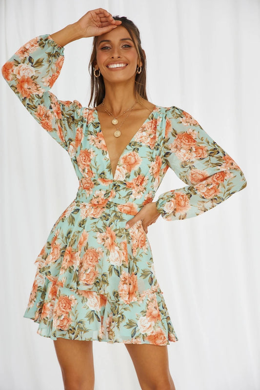 Early Spring New Printed Long-Sleeved Dress V-neck Sexy Short