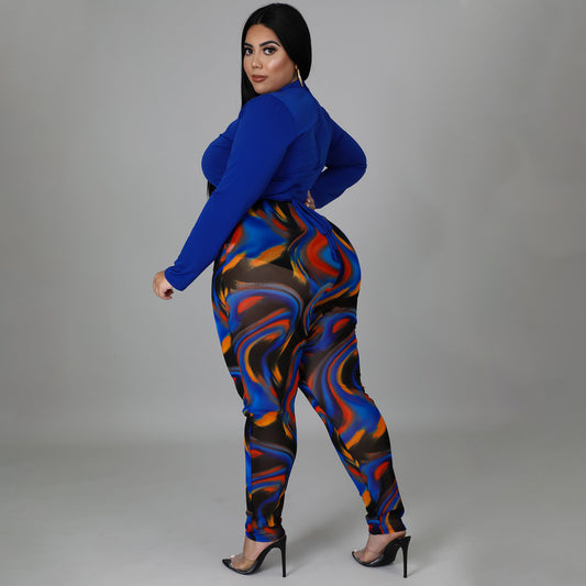 Plus Size Sexy Two-Piece Suit  Stitching Contrast Color Bandage See-through Set Women Clothing