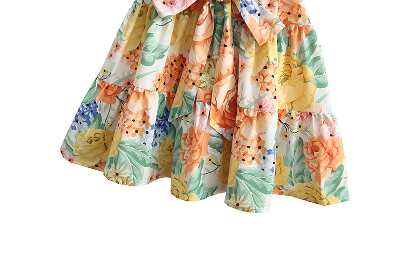 Robe à lacets à imprimé floral français printemps-été dos nu doux à volants coutures courtes à épaules dénudées