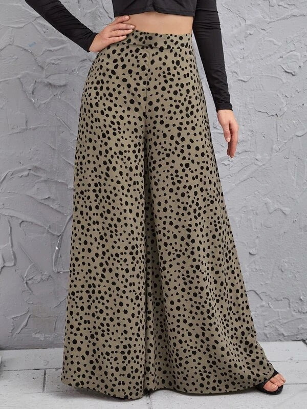New Spring Summer Loose High Waist Leopard-Print Draping Wide-Leg Trousers Swing Pants