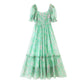 Organza Floral Print Dress Puff Sleeve Tight Waist Princess Dress Spring Summer Fresh Girl Maxi Dress Sheer