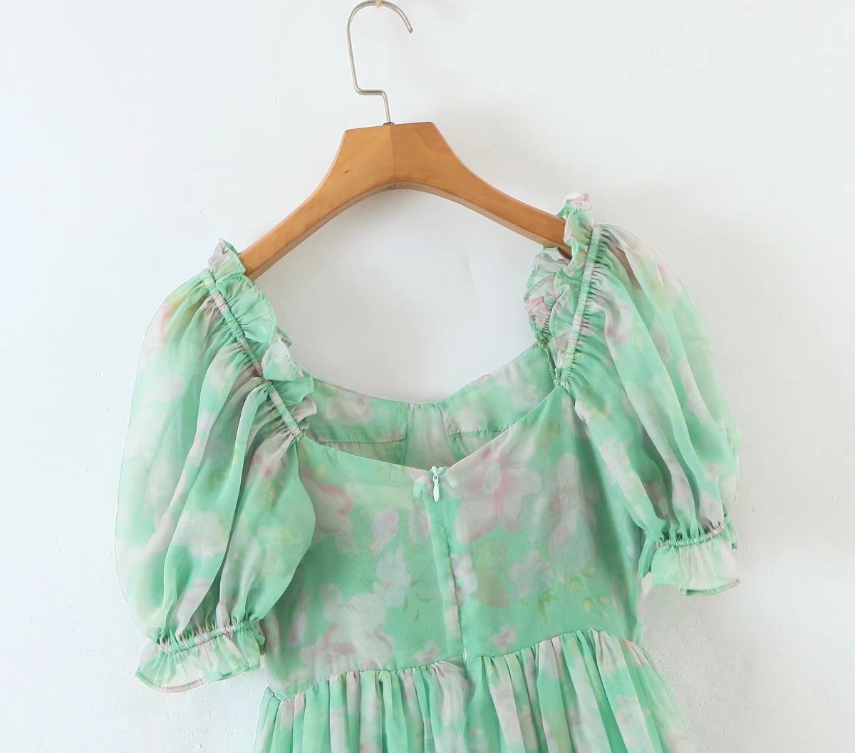 Organza Floral Print Dress Puff Sleeve Tight Waist Princess Dress Spring Summer Fresh Girl Maxi Dress Sheer