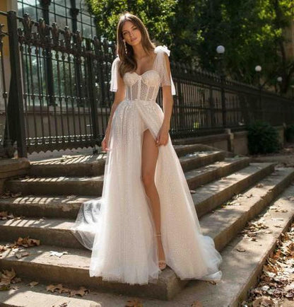 Women Clothing Sexy Sling Backless See-through Wedding Dress Split Dress