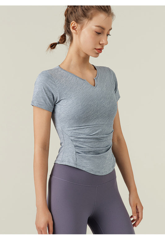 Vêtements de Yoga à séchage rapide taille serrée minceur col en V chemise à manches courtes femmes course sport vêtements d'entraînement été