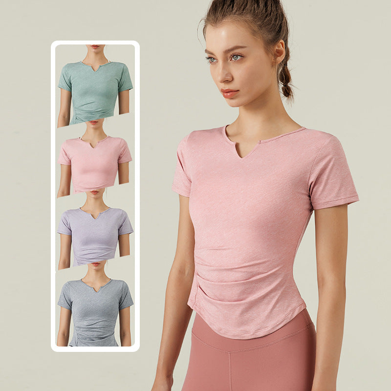 Quick-Drying Yoga Clothes Waist-Tight Slimming V-Neckline Short-Sleeved Shirt Women Running Sports Workout Clothes Summer