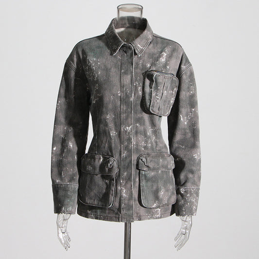 Personalized Samouflage Three Dimensional Large Pocket Lapels Waist Tooling Denim Jacket Long Sleeved Coat