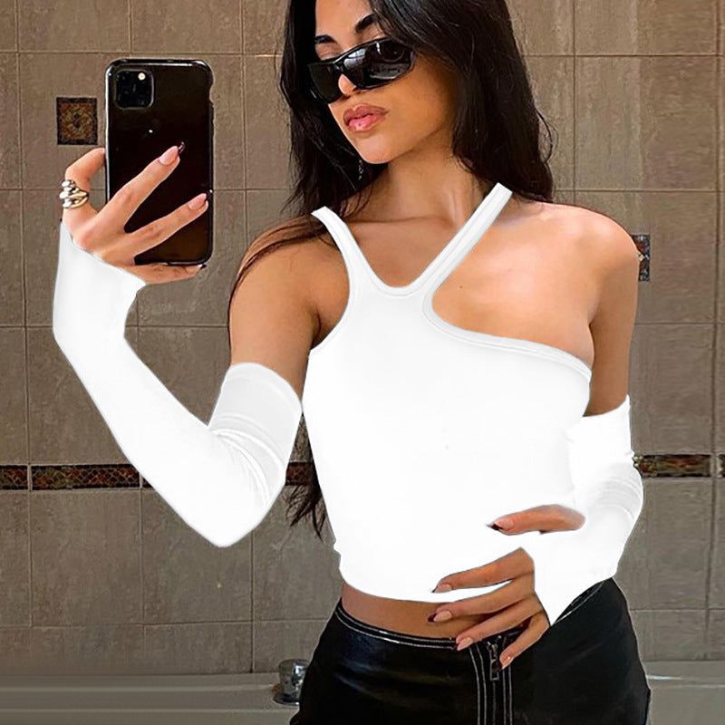 Women Clothing Cropped Strapless Irregular Asymmetric Split Oversleeves Slim Fit Sexy T shirt Women