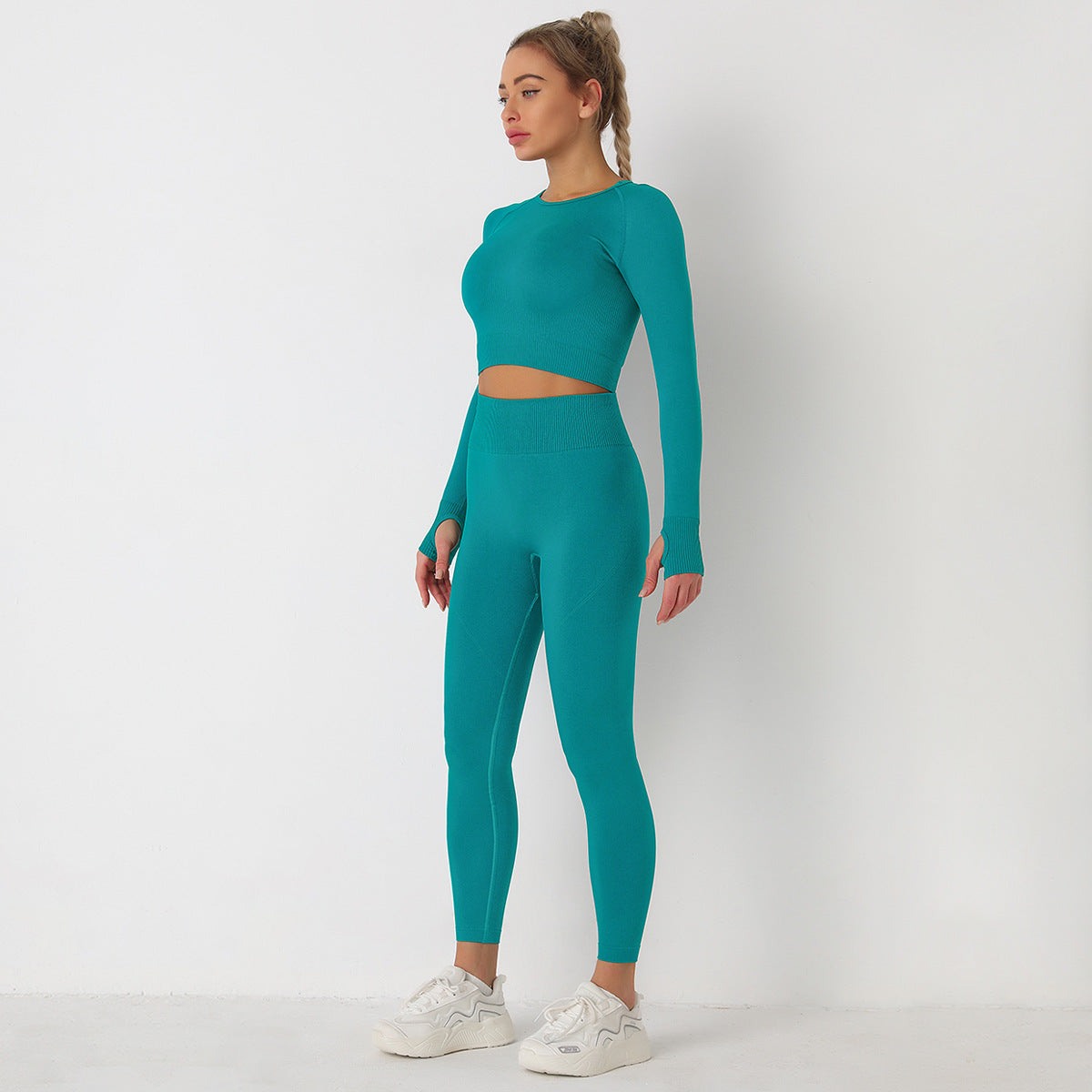 Knitted Solid Color Seamless Long-Sleeved Trousers Yoga Suit Sports Fitness Two-Piece Set