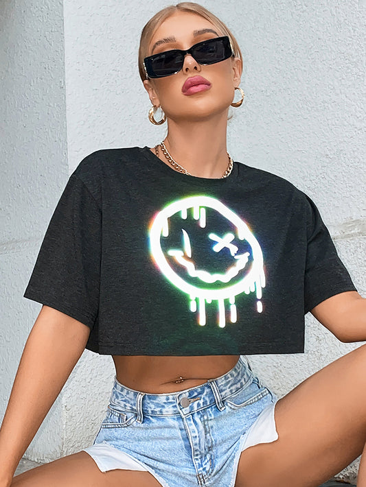 Cute Smiley Face Women Clothing All-Match Trendy Smiley Printed Reflective Short-Sleeved Street T-shirt
