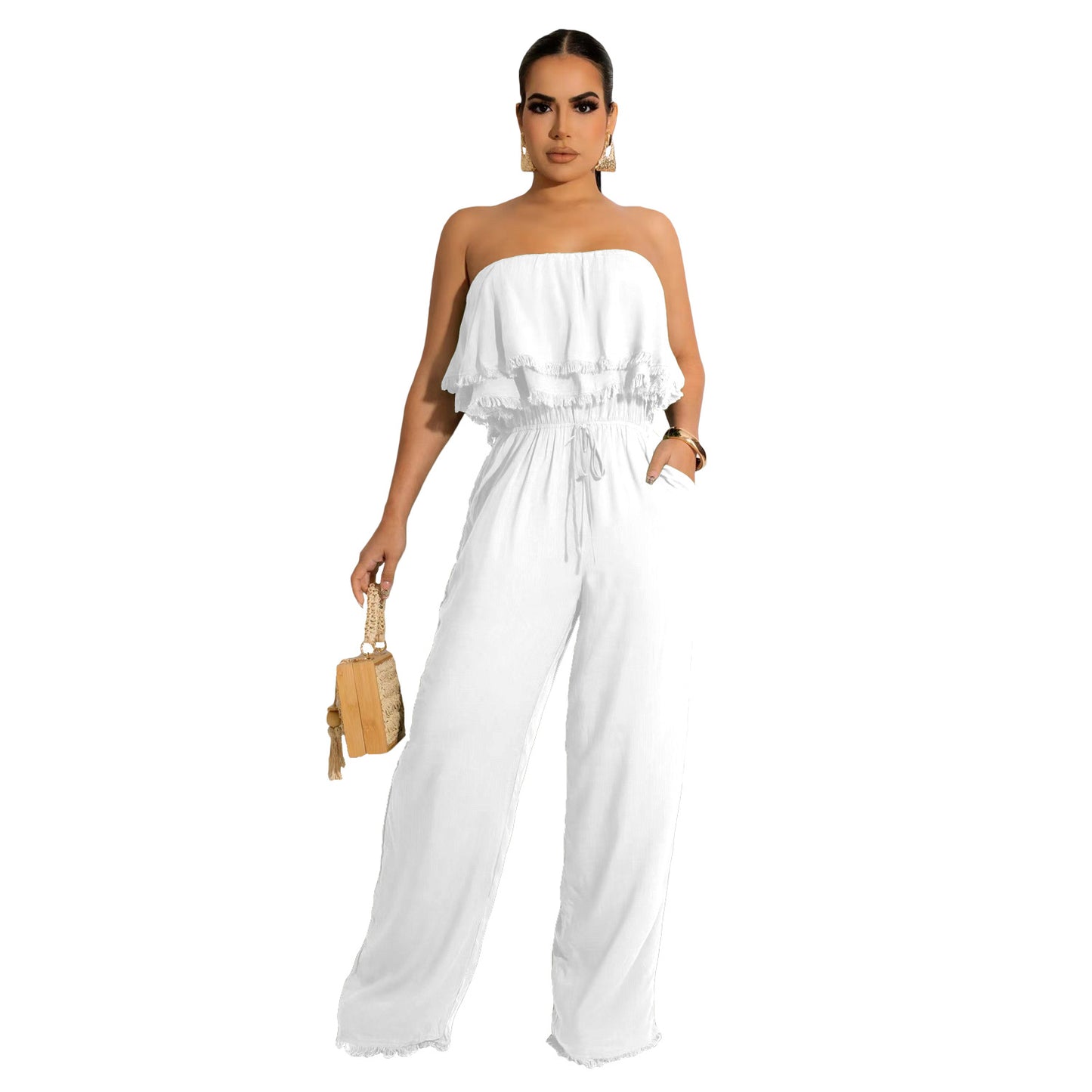 Women Clothing Solid Color Sleeveless Casual Wrapped Chest Ruffled Jumpsuit
