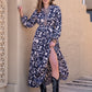 Mixed Bohemian Blue Printed Embroidered Home Waist V Neck Holiday Women Dress No Belt