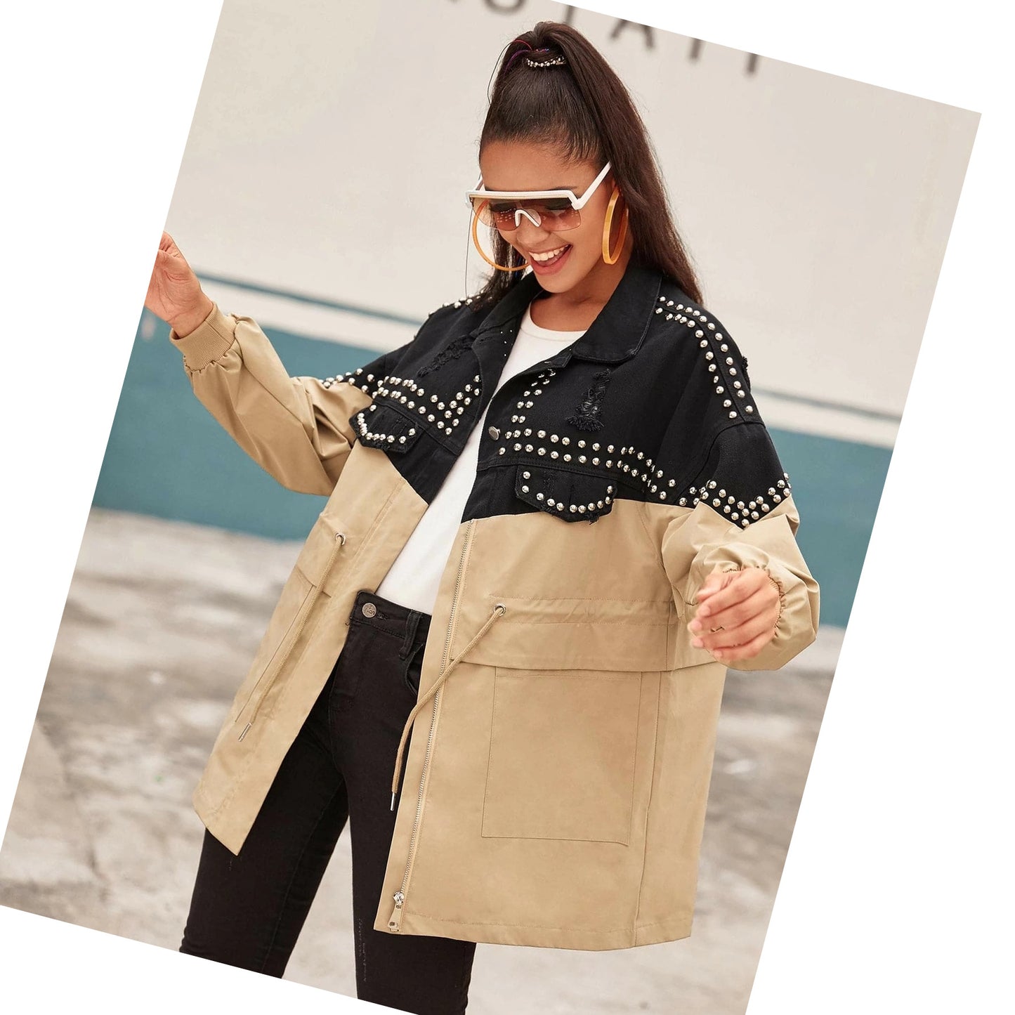 Women Clothing Denim Patchwork Trench Coat Street Hipster Mid-Length Casual Jacket