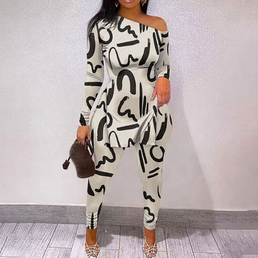 Spring off the Shoulder Long Sleeve Split Two Piece Set Casual Set Positioning Printing