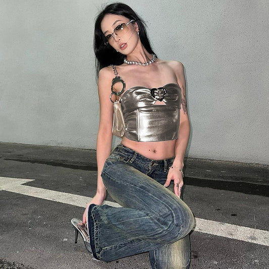 Metallic Coated fabric Women  Spring Clothing Special-Interest Design Tube Top Sexy Sexy Cropped Vest
