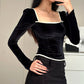 Fall Women Clothing Sexy Square Collar Plush Wooden Ear Backless Lace up Long Sleeve Top