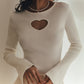 Women Long Sleeved Tight Heart Hollow Out Cutout Knitted Sweater Autumn Winter Solid Color Knitted Top Bottoming Shirt