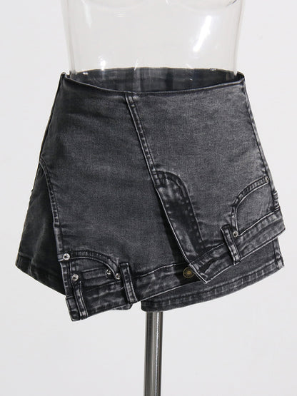 Personality Street Denim Stitching Shorts High Waist Irregular Asymmetric Washed Worn Jeans Women