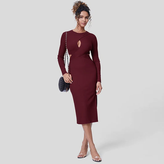 Spring Sexy Sexy Solid Color Sexy Cutout V Neck Slim Fit Slimming Slit Sheath Bottom Dress