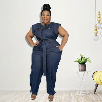 Plus Size Women  Clothing New Denim Short Sleeve Wash Jumpsuit Trousers Sexy New
