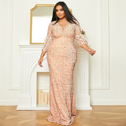 Plus Size Women Long Wedding Party Cocktail Light Luxury Sequined Dress